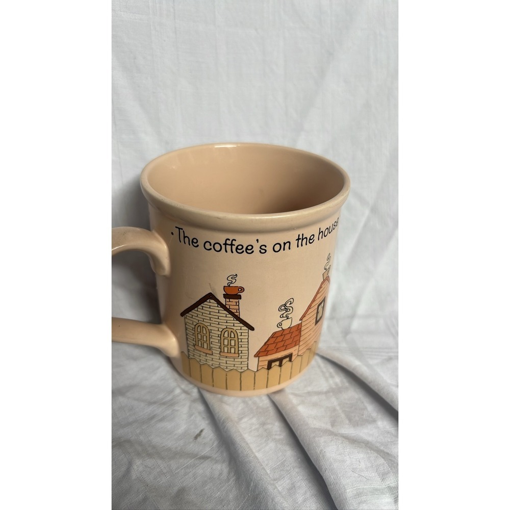 Vintage 1985 American Greetings Stoneware Mug The Coffee's On The House Village